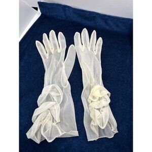 Vintage Sheer White ivory Hansen Gloves With Ruffles Size 6.5 Womens Elegant coq